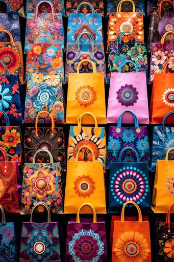 multi-colored hippie pattern of a lot of shopping bags. retro photos --ar 2:3 --v 5.2