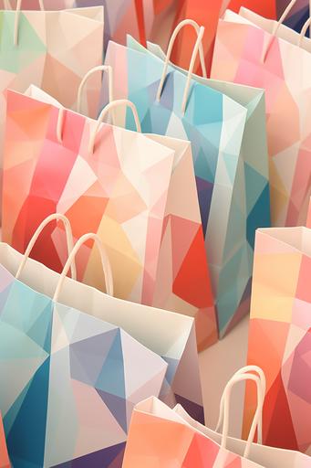 multi-colored hippie pattern of a lot of shopping bags. retro photos. geometric illustration. pastel colors --ar 2:3 --v 5.2