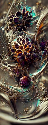 molten mercury macrophotographie, carnival glass, iridescent, octane render, wallpaper HD, carnival glass, fluid, abstract:: textures, intricate detailed, arabesque flowers composition:: --chaos 33 --ar 2:5 --s 900 --q 2 --v 3