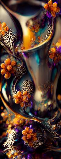 molten mercury macrophotographie, carnival glass, iridescent, octane render, wallpaper HD, carnival glass, fluid, abstract:: textures, intricate detailed, arabesque flowers composition:: --chaos 33 --ar 2:5 --s 900 --q 2 --v 3