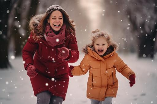 mom and her daughter having fun in snow, in the style of light maroon and crimson, colourful, vibrant and lively hues, animated gifs, photobash, dotted, pictorial --ar 3:2