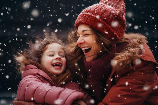 mom and her daughter having fun in snow, in the style of light maroon and crimson, colourful, vibrant and lively hues, animated gifs, photobash, dotted, pictorial --ar 3:2
