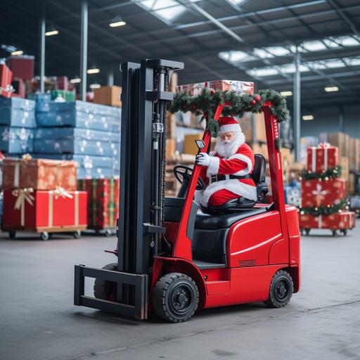 momy claus drive forklift red in atmospher christmas