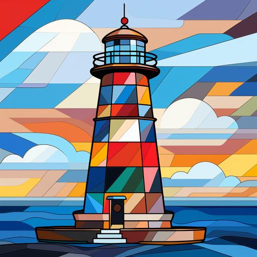 mondrian style, lighthouse, cartoon