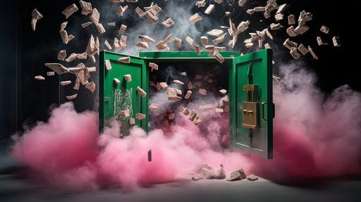 money vault, big metal vault with door open, money exploding out of vault, money raining down, with pink smoke, black backgound, using pink, green and black colours --ar 16:9