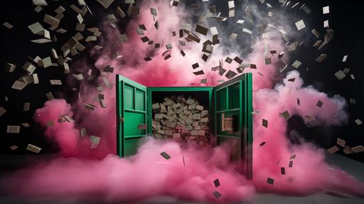 money vault, big metal vault with door open, money exploding out of vault, money raining down, with pink smoke, black backgound, using pink, green and black colours --ar 16:9