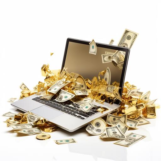 money with laptop gold and white, white background