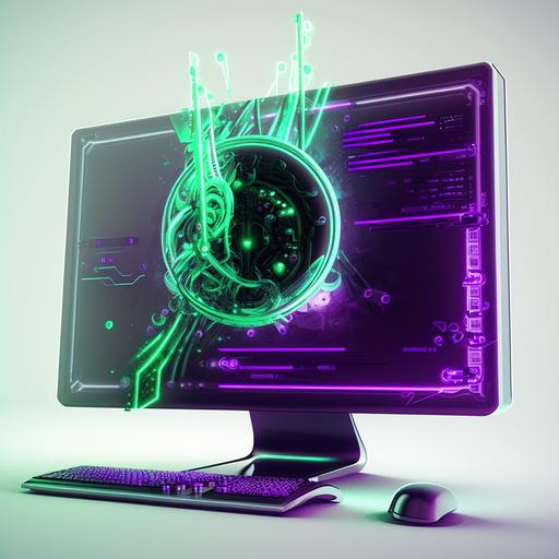 monitor floating cyber punk, technological, futuristic, white background, visible green and purple network lines circling computer, on screen technology working, photorealistic, high quality, high resolution, high definition, high detail, volumetric lighting, cinematic lighting, photography, 8k, yperdetailed 32k 4k unreal engine, Real life photography --v 4 --q 2 --s 750