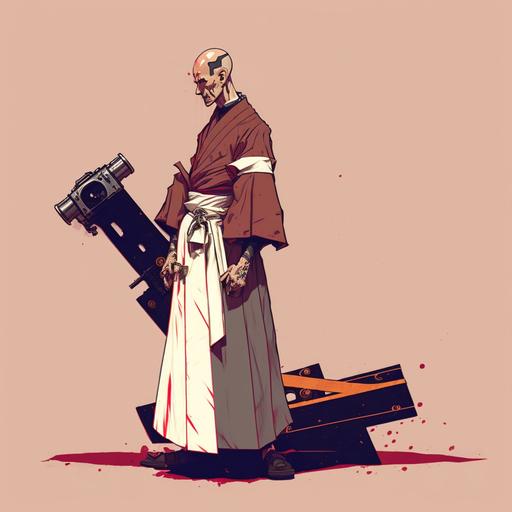 Japanese monk, standing side, full body figure, wearing cassock, line draft, horror cartoon, chainsaw man painting style