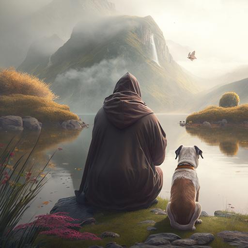 monk, zen master, mindfulness, lotus, rain, dog, next to a lake, mountain, foggy, 4k, reality, Buddha, sunshine