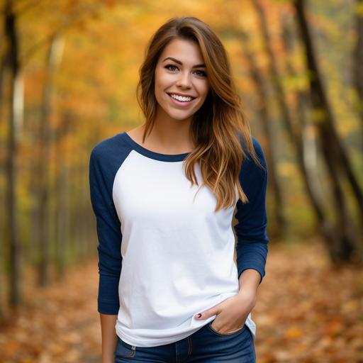 attractive woman in her 20s wearing a blank white and blue raglan 3/4 sleeve shirt smiling, autumn themed background