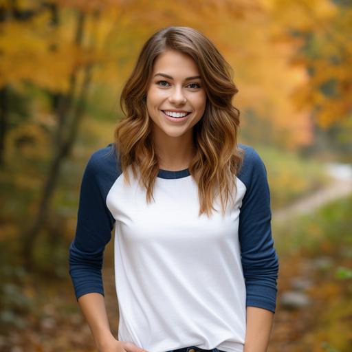 attractive woman in her 20s wearing a blank white and blue raglan 3/4 sleeve shirt smiling, autumn themed background