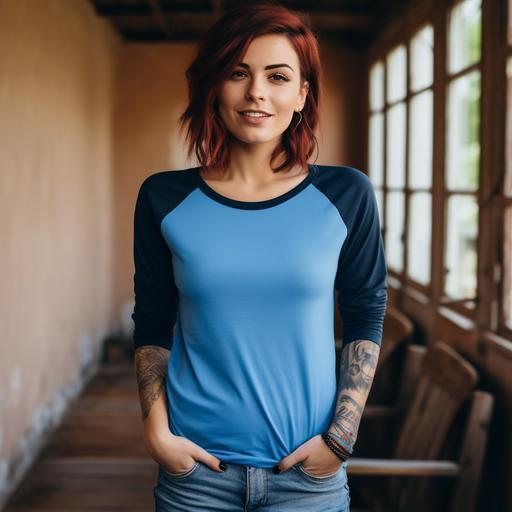 attractive woman wearing blank blue sleeve raglan 3/4 sleeves shirt