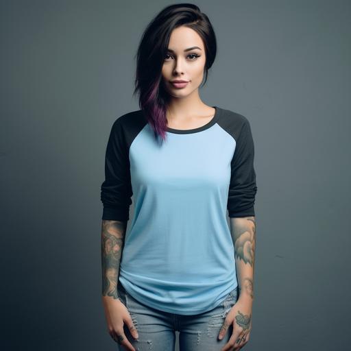 attractive woman wearing blank blue sleeve raglan 3/4 sleeves shirt