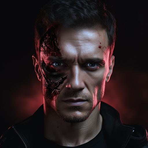 man, half of the Terminator's face with a red eye, with transitions over the head,scars on face, iron, steel, the background is occupied by DJs