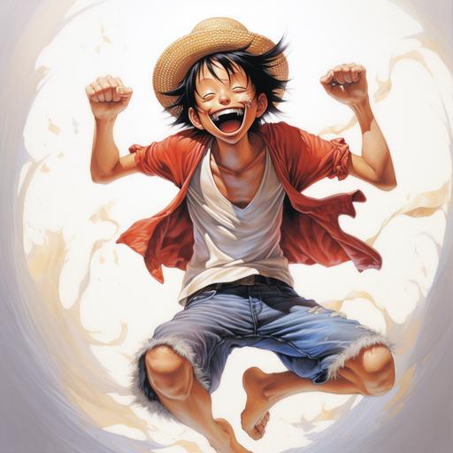 monkey D Luffy, smiling and jumping, Alex Ross art, Todd McFarlane art, white background