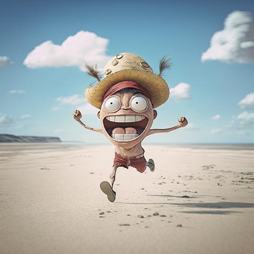 monkey d luffy looks like spongebob squarepants, happy face, running, on the beach in shabby clothes, ultra-realistic, 4k, unreal 5