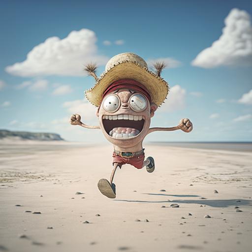monkey d luffy looks like spongebob squarepants, happy face, running, on the beach in shabby clothes, ultra-realistic, 4k, unreal 5