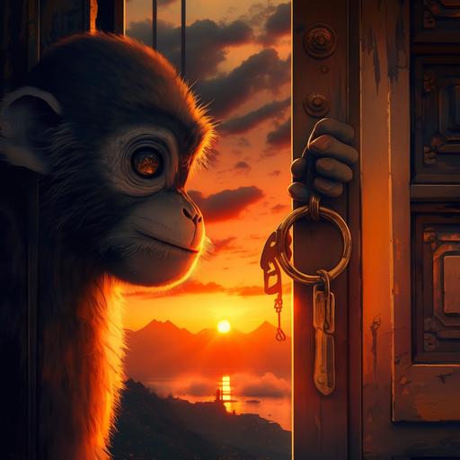 monkey have key in is hand, looking sunset like a japanes anime movie