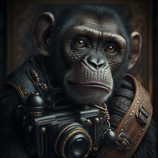 monkey head, looking at hasselblad camera, renaissance clothes, irresistible, character, victorious, happy deep look , gothic style , black leather style, photorealistic, 8k, extreme detail, cinematic lighting, --v 4