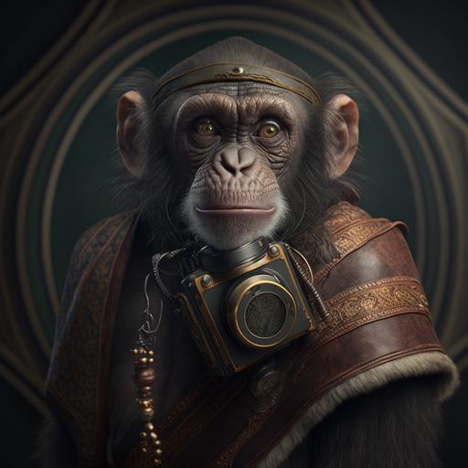 monkey head, looking at hasselblad camera, renaissance clothes, irresistible, character, victorious, happy deep look , gothic style , black leather style, photorealistic, 8k, extreme detail, cinematic lighting, --v 4