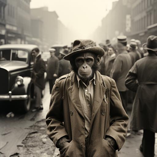 monkey in the spy smoking costume stays in the middle of the avenue in New york 1921, people are watching it --s 750