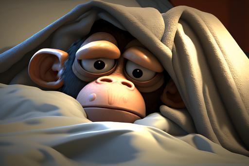 monkey lies in bed under a blanket, 3d, realistic, cartoon, --ar 3:2 --v 4
