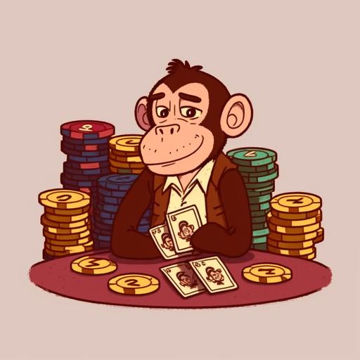monkey sitting on a pile of casino chips, and holds a fan of bills in his hands, in front of the room with girls who play slot machines, cartoon style