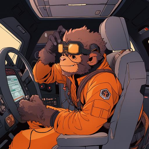 monkey with sunglasses sitting at starship cockpit smiling, orange space uniform, side view, hayao miyazaki 80s art style --niji 5
