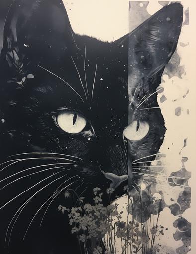 monoprint::200 the black cat's piercing gaze stencils fear onto triskaidekaphobia hearts::100 daniel merriam and francisco goya and j.c. leyendecker::50 --ar 17:22