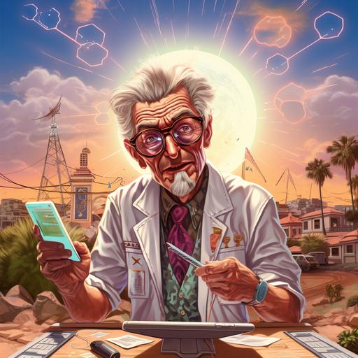 Cartoon art, boring old man doctor, stern look on his face looking at you, clipboard in his hand, surrounded by solar panels in las vegas, cartoonish, electricity