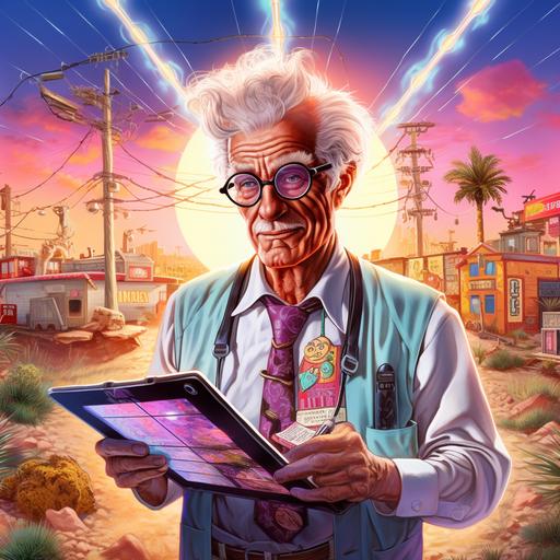 Cartoon art, old man doctor, stern look on his face looking at a clipboard, surrounded by solar panels in las vegas, cartoonish, electricity, bright colors