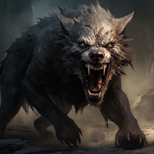 monster dog type, angry looking, sharp claws and theeth, dark fantasy, Symbaroym style.