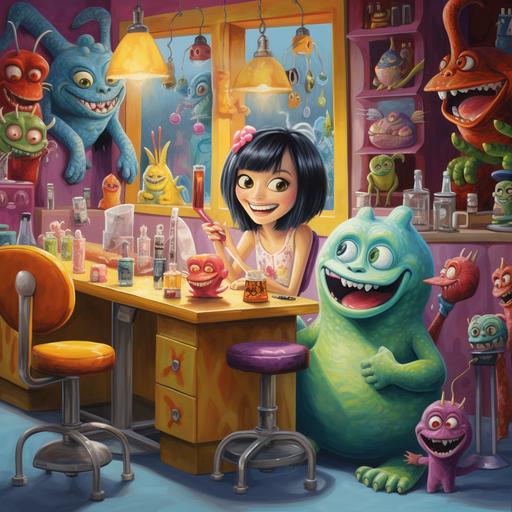 female, painting a monster's nails, bright colors, cheerful, cartoon art, monster, nail salon in las vegas, happy, short hair