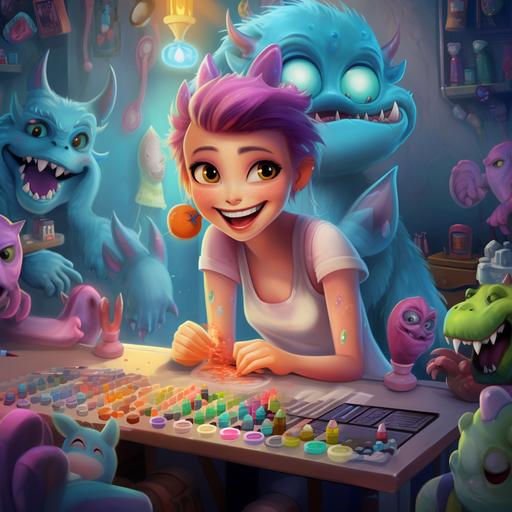 female, painting a monster's nails, bright colors, cheerful, cartoon art, monster, nail salon in las vegas, happy