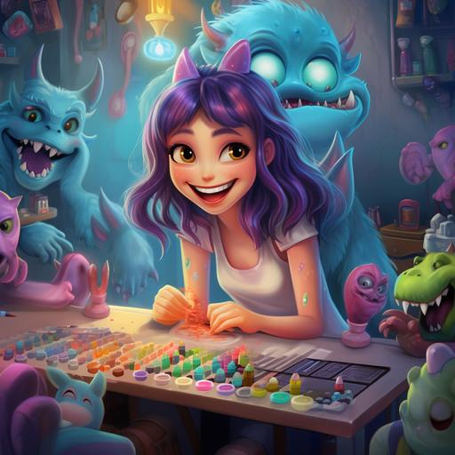 female, painting a monster's nails, bright colors, cheerful, cartoon art, monster, nail salon in las vegas, happy