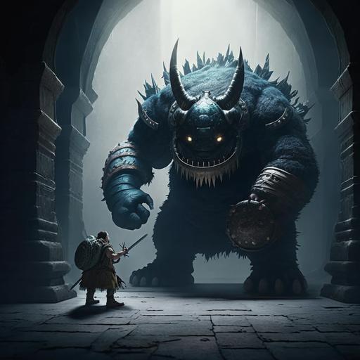monster killer giant warrior, wielding his spiked ball weapon, fierce, minimal but unbreakable armor, in a dungeon, in front of a giant monster beast, highly detailed, hyper realistic, 4K