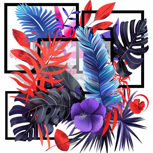monstera with feathers and flowers and graphic geometric shapes, in a square and round frame, red, purple, coral and blue, simple, modern, black and white background