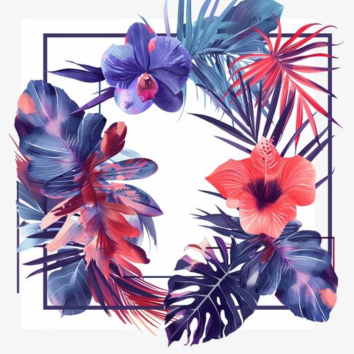 monstera with feathers and flowers and graphic geometric shapes, in a square frame, red, purple, coral and blue, simple, modern, white background