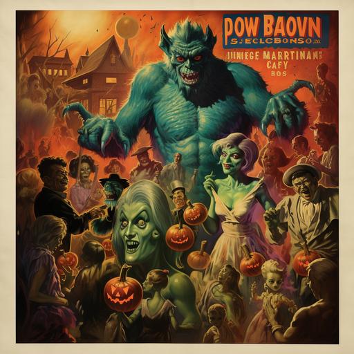 monsters doing a party for halloween vintage movie poster