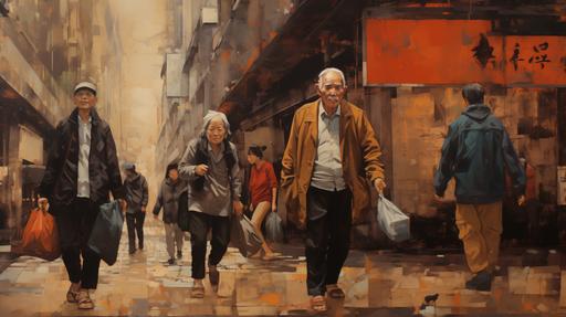 montage style, old people in hong kong, walking into a waste background, depressed, artist impression, painting. --ar 16:9