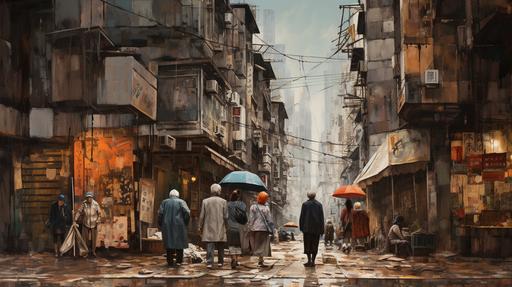 montage style, old people in hong kong, walking into a waste background, depressed, artist impression, painting. --ar 16:9