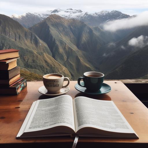 montañas de libros sobre un escritorio y una taza de cafe humeante --v 5.0