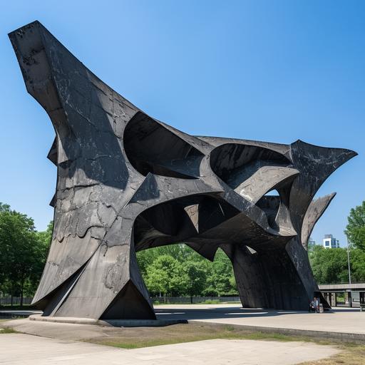 monumental black steel war memorial in Belgrade, hyper-complex abstract organic shape, asymmetrical, photo taken from below, very detailed, steel structure with concrete panel details, star-shaped edges, slim snd sleek shape, Yugoslavian style spomenik, partially destroyed, decaying, graffiti tags with names on the concrete surface, vandalised, in an abandonned concrete plaza next to a highway, summer evening environment, located in a post-soviet city, photography style of Jurgen Teller, grey cloudy rainy sky, high resolution, 8k, realistic, wide-angle photography