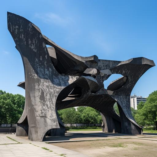 monumental black steel war memorial in Belgrade, hyper-complex abstract organic shape, asymmetrical, photo taken from below, very detailed, steel structure with concrete panel details, star-shaped edges, slim snd sleek shape, Yugoslavian style spomenik, partially destroyed, decaying, graffiti tags with names on the concrete surface, vandalised, in an abandonned concrete plaza next to a highway, summer evening environment, located in a post-soviet city, photography style of Jurgen Teller, grey cloudy rainy sky, high resolution, 8k, realistic, wide-angle photography