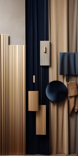 mood board architecture light brown background ,light brown grey wallpaper, light brown curtain, parquet, striped light brown mdf, gold metal dark blue peace of fabric --ar 1:2