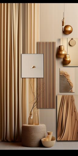 mood board architecture light brown background ,light brown grey wallpaper, light brown curtain, parquet, striped light brown mdf, gold metal dark blue peace of fabric --ar 1:2