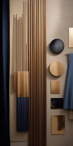 mood board architecture light brown background ,light brown grey wallpaper, light brown curtain, parquet, striped light brown mdf, gold metal dark blue peace of fabric --ar 1:2