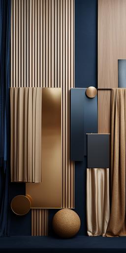 mood board architecture light brown background ,light brown grey wallpaper, light brown curtain, parquet, striped light brown mdf, gold metal dark blue peace of fabric --ar 1:2