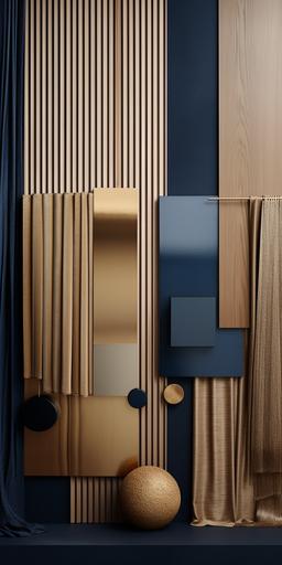 mood board architecture light brown background ,light brown grey wallpaper, light brown curtain, parquet, striped light brown mdf, gold metal dark blue peace of fabric --ar 1:2